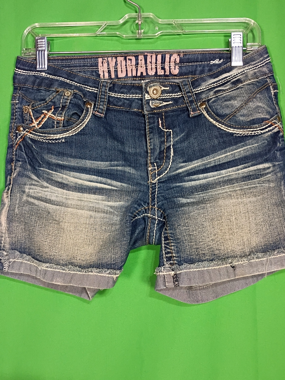 Hydraulic Women's 7/8 Blue Distressed Denim Shorts White Stitching